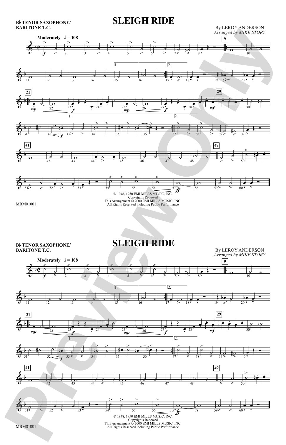 Sleigh Ride: Bb Tenor Saxophone/Bartione Treble Clef
