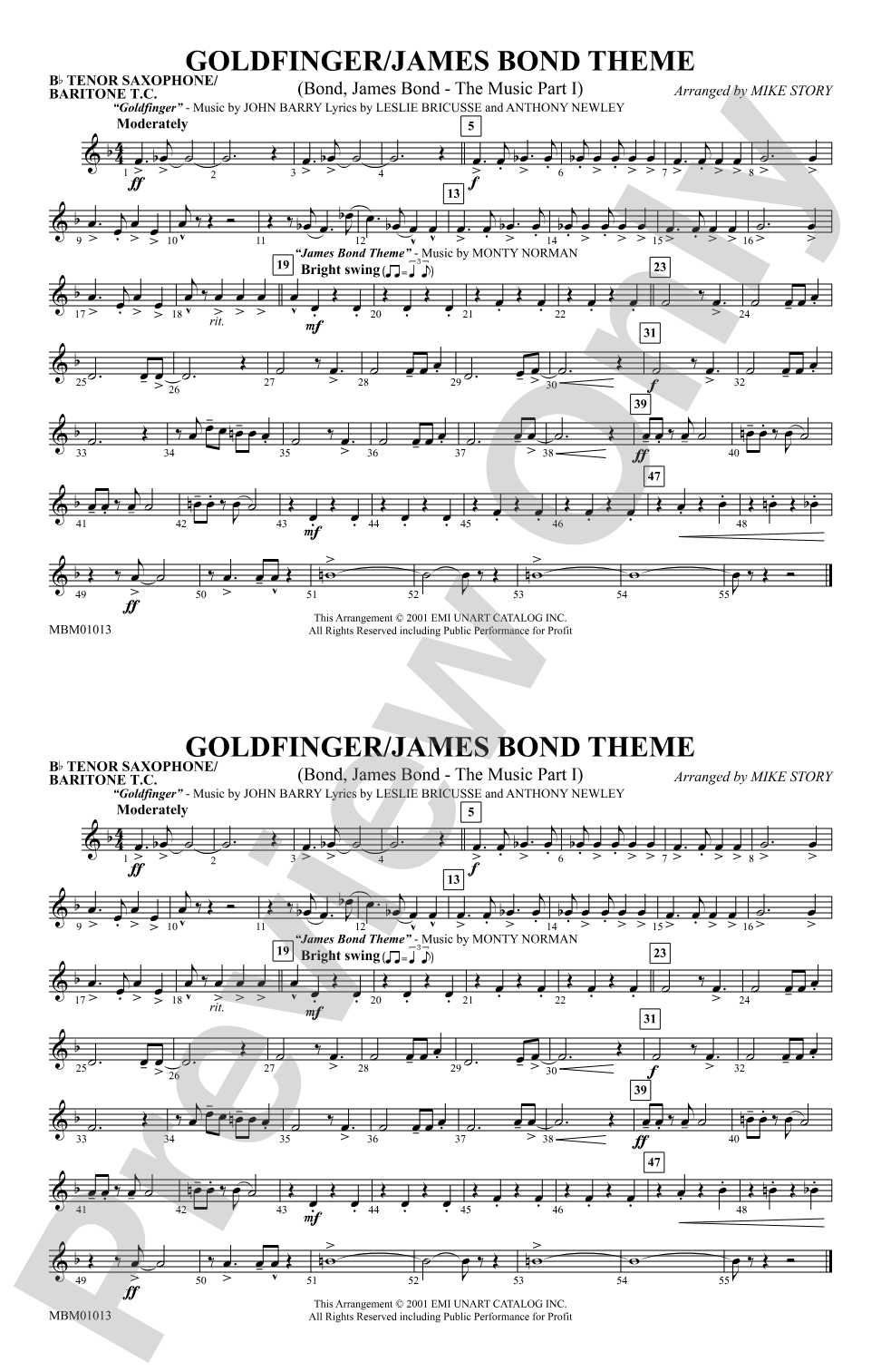 Goldfinger / James Bond Theme: Bb Tenor Saxophone/Bartione Treble Clef
