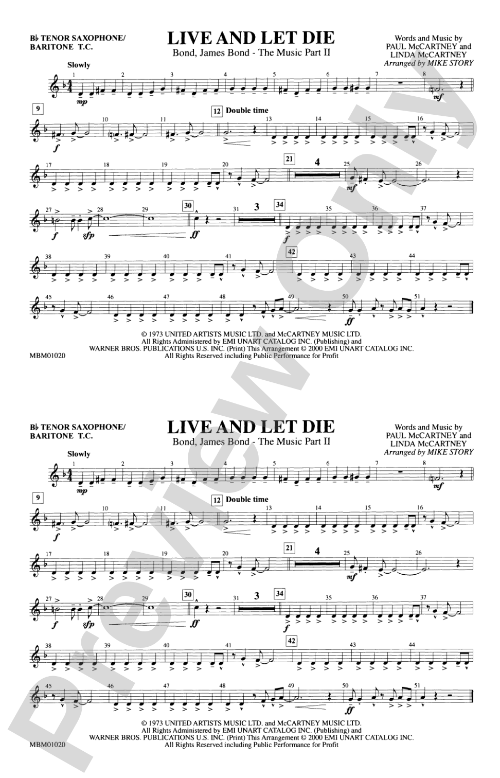 Live and Let Die: Bb Tenor Saxophone/Bartione Treble Clef
