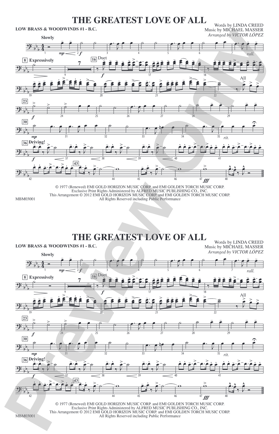 The Greatest Love of All: Low Brass & Woodwinds #1 - Bass Clef