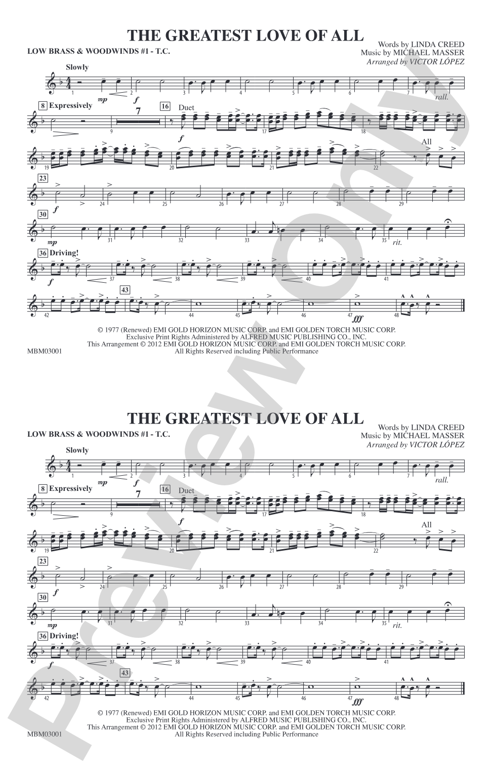 The Greatest Love of All: Low Brass & Woodwinds #1 - Treble Clef