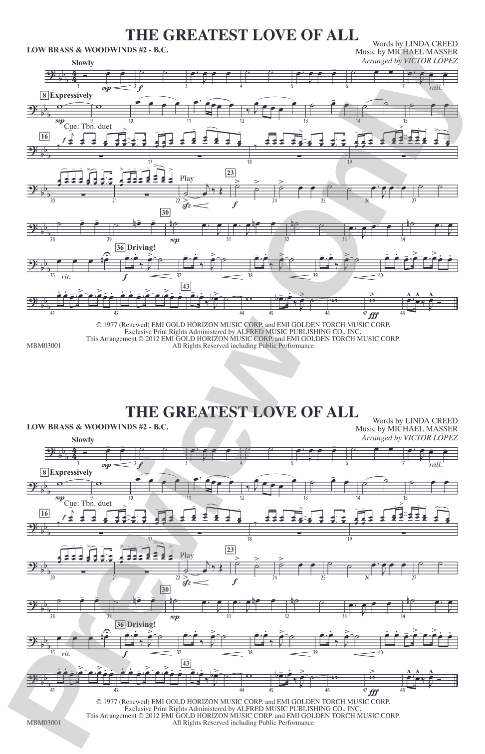 The Greatest Love of All: Low Brass & Woodwinds #2 - Bass Clef