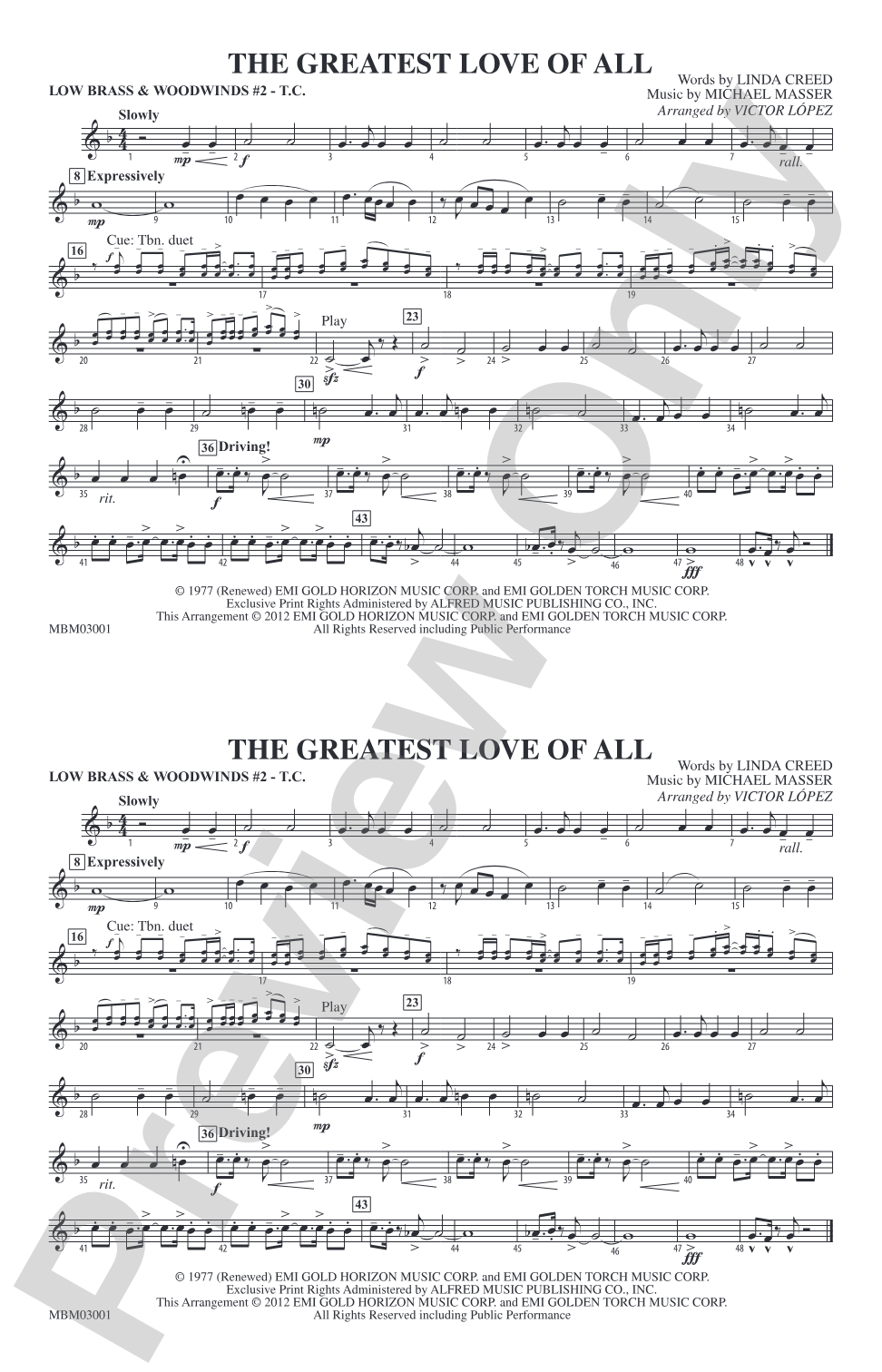 The Greatest Love of All: Low Brass & Woodwinds #2 - Treble Clef