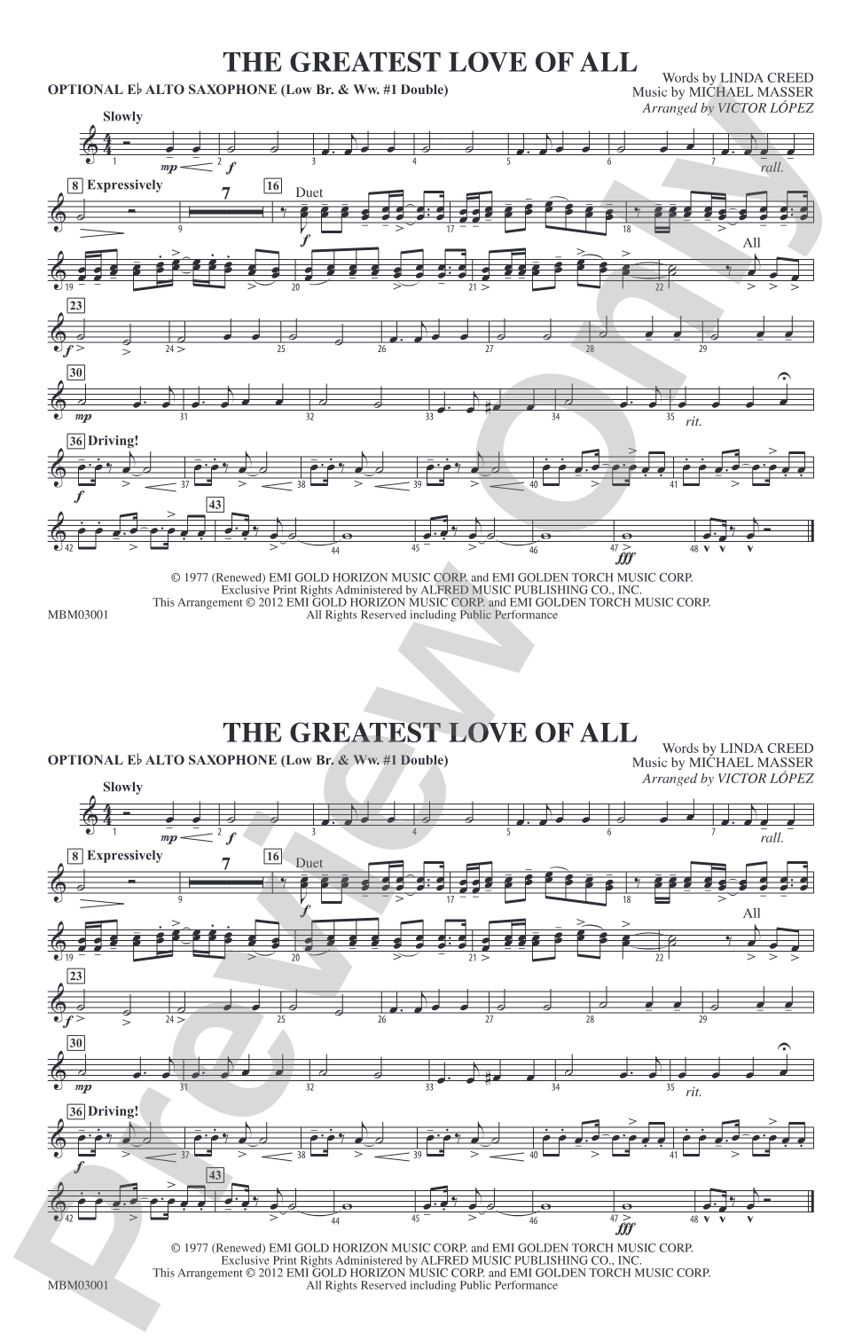 The Greatest Love of All: Optional Alto Sax