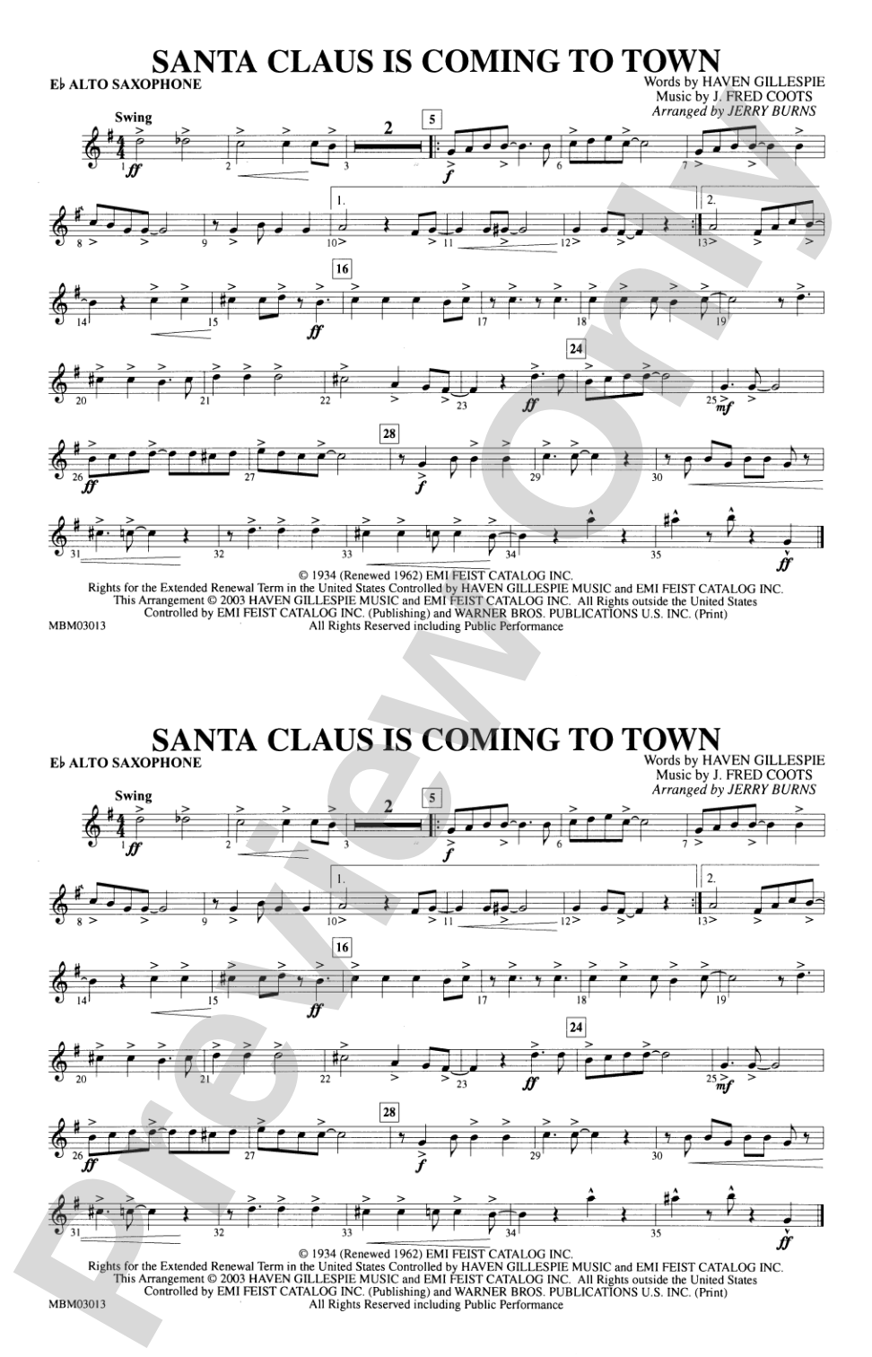 Santa Claus Is Coming to Town: E-flat Alto Saxophone