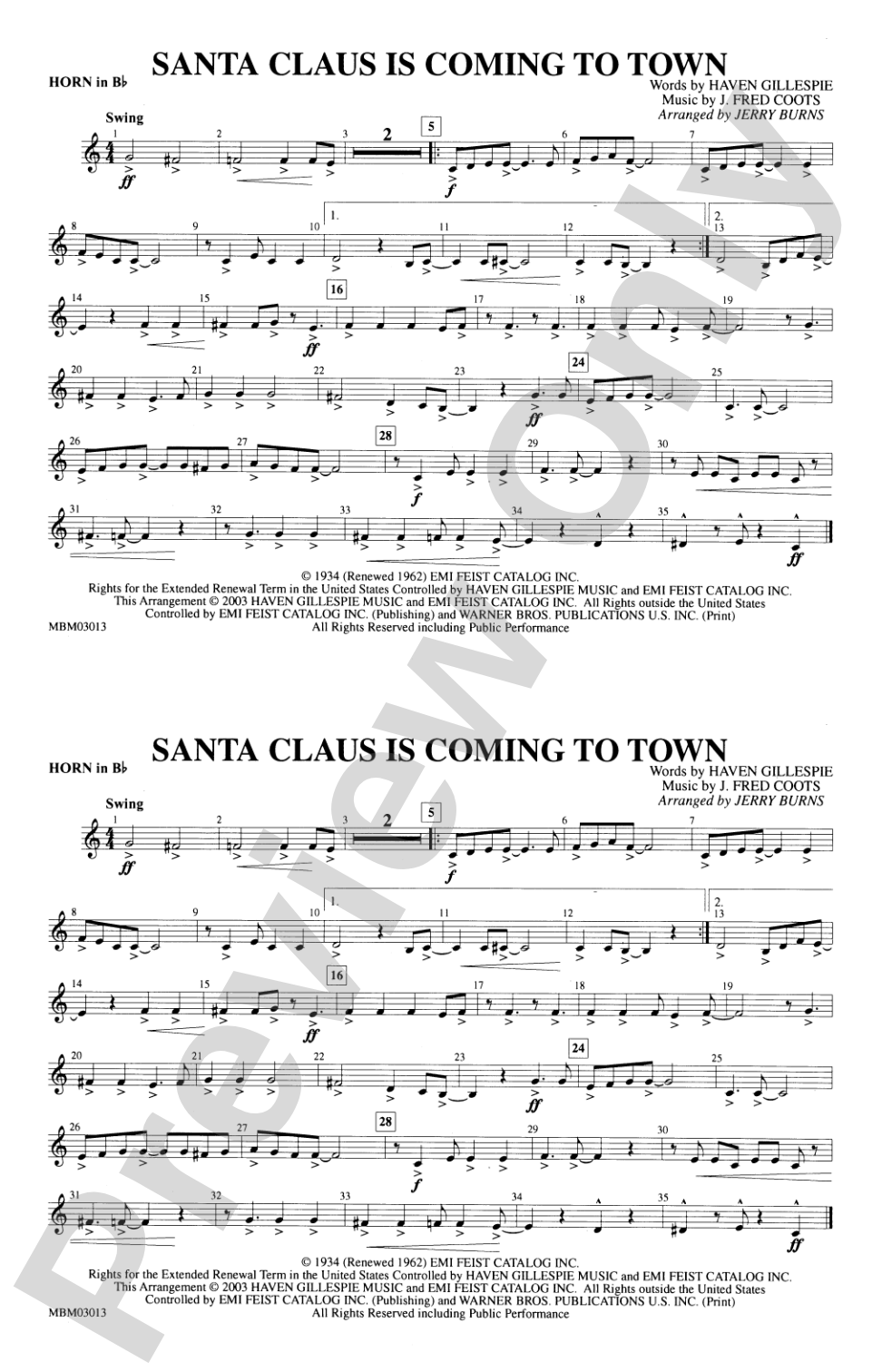 Santa Claus Is Coming to Town: Horn in B flat