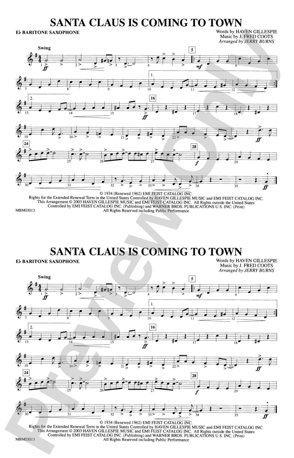 Santa Claus Is Coming to Town: E-flat Baritone Saxophone