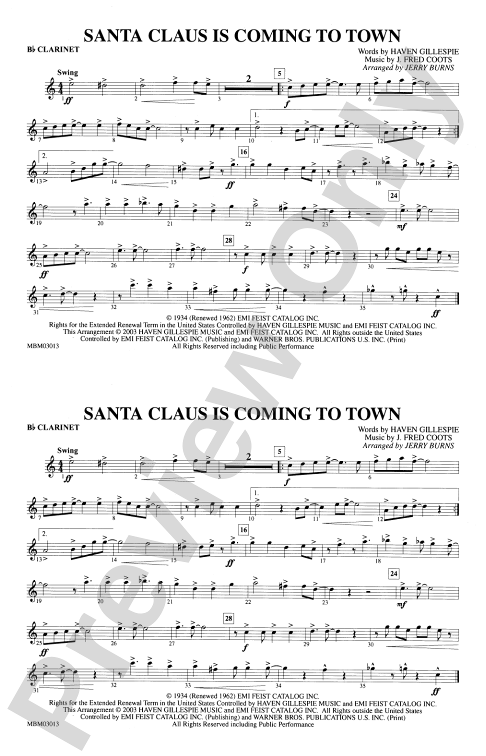 Santa Claus Is Coming to Town: 1st B-flat Clarinet