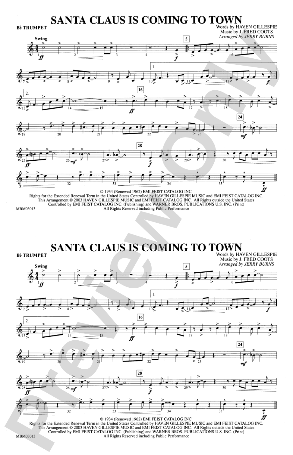 Santa Claus Is Coming to Town: 1st B-flat Trumpet