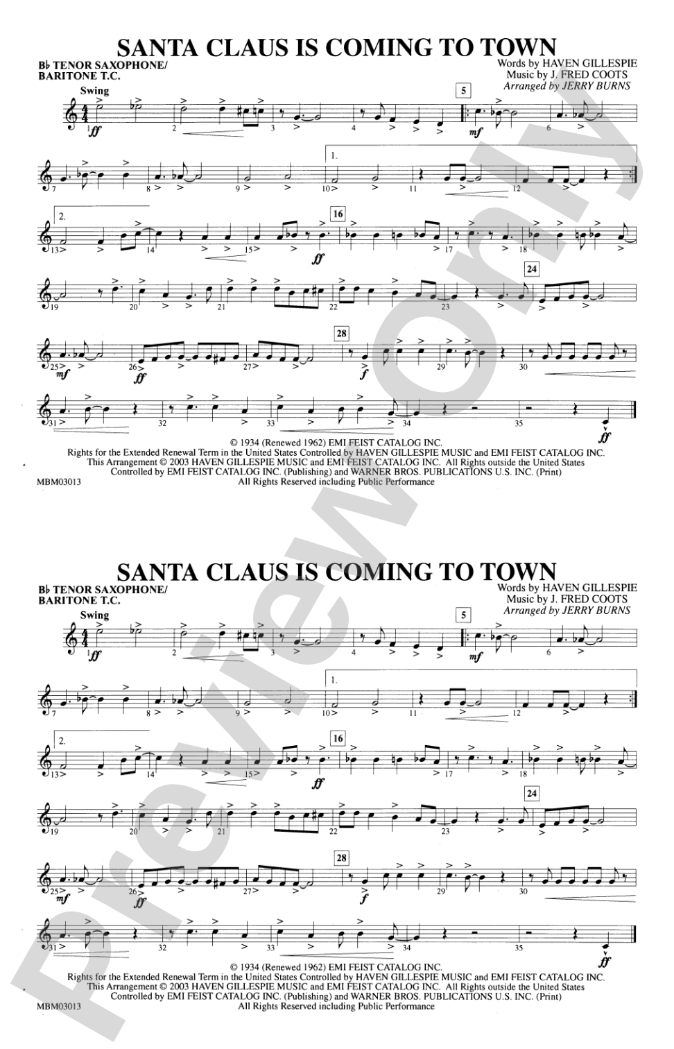 Santa Claus Is Coming to Town: Bb Tenor Saxophone/Bartione Treble Clef