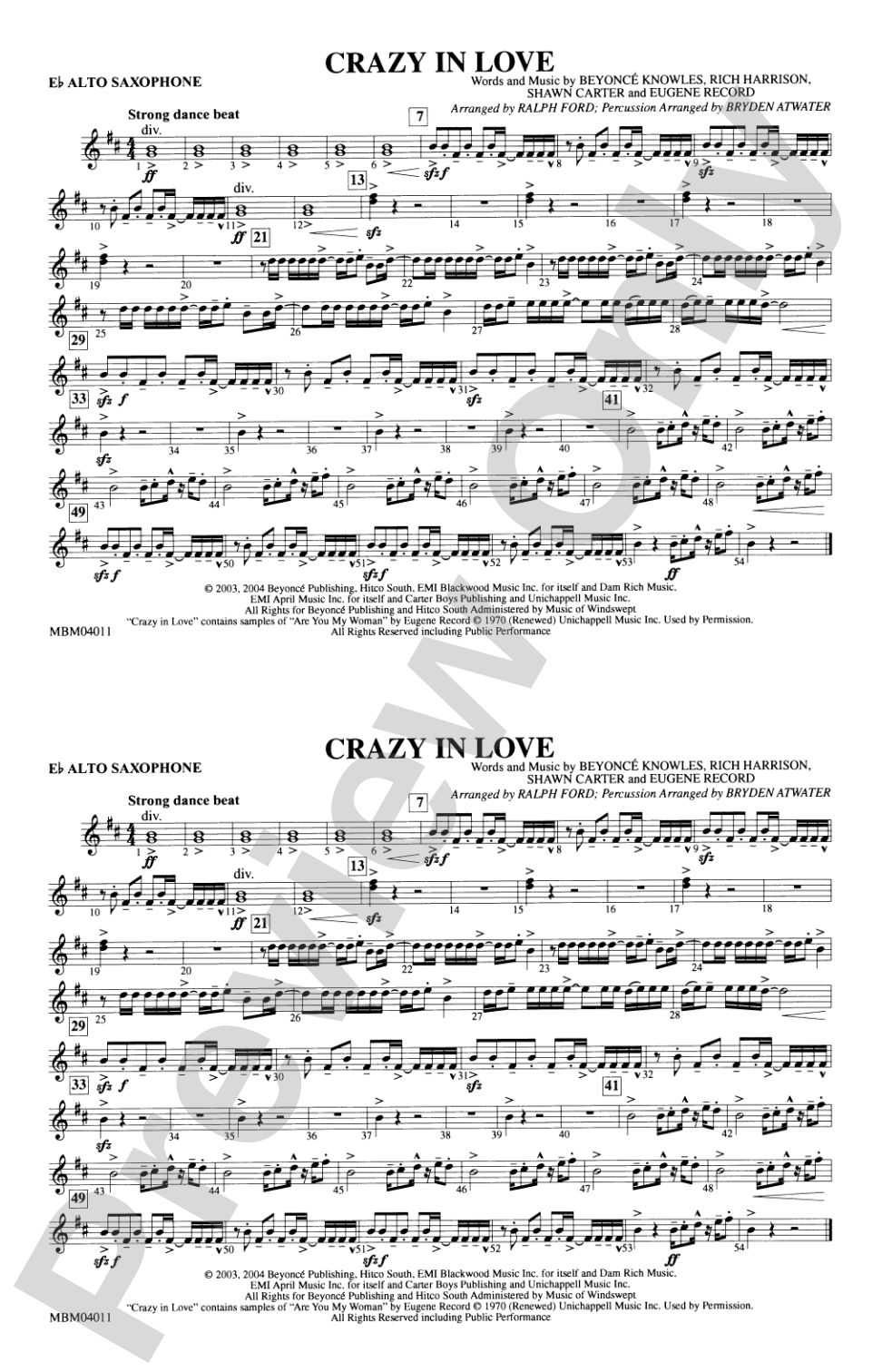 Crazy in Love: E-flat Alto Saxophone