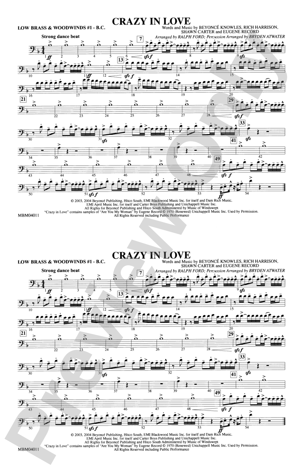 Crazy in Love: Low Brass & Woodwinds #1 - Bass Clef