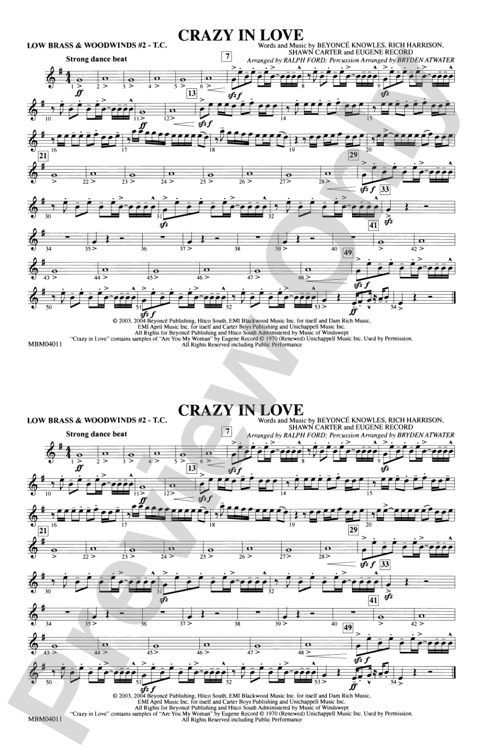 Crazy in Love: Low Brass & Woodwinds #2 - Treble Clef