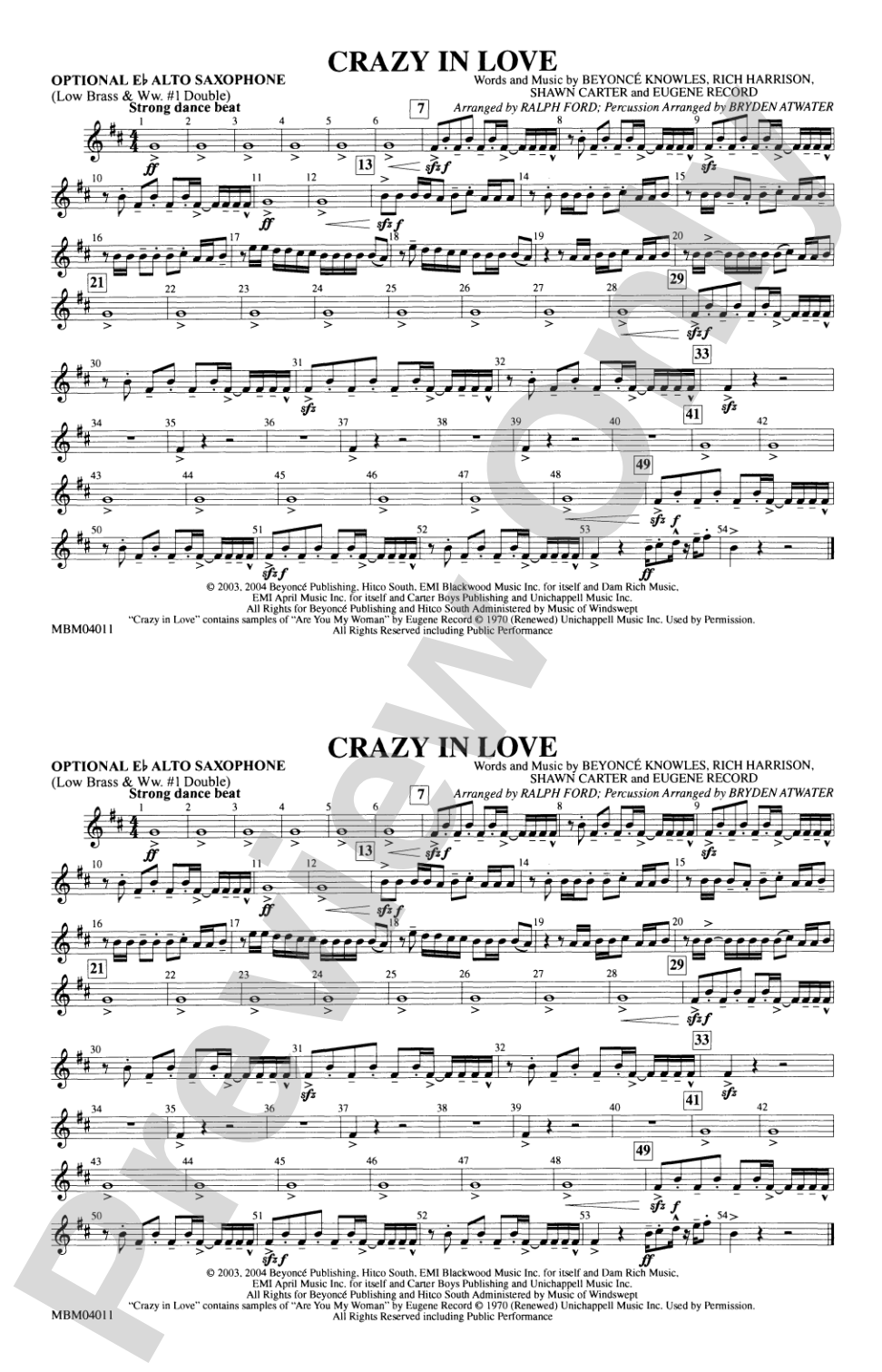 Crazy in Love: Optional Alto Sax