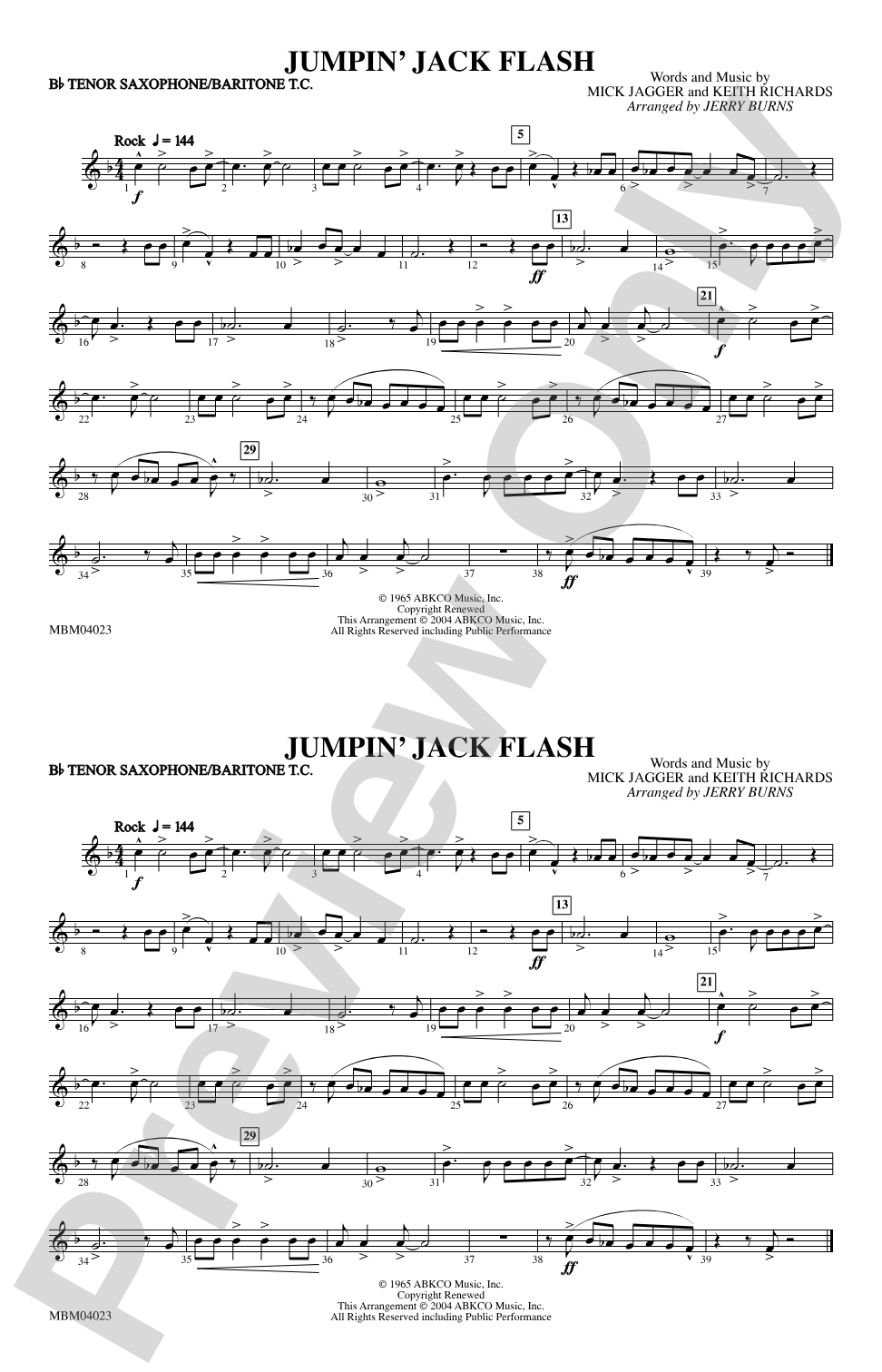 Jumpin' Jack Flash: Bb Tenor Saxophone/Bartione Treble Clef