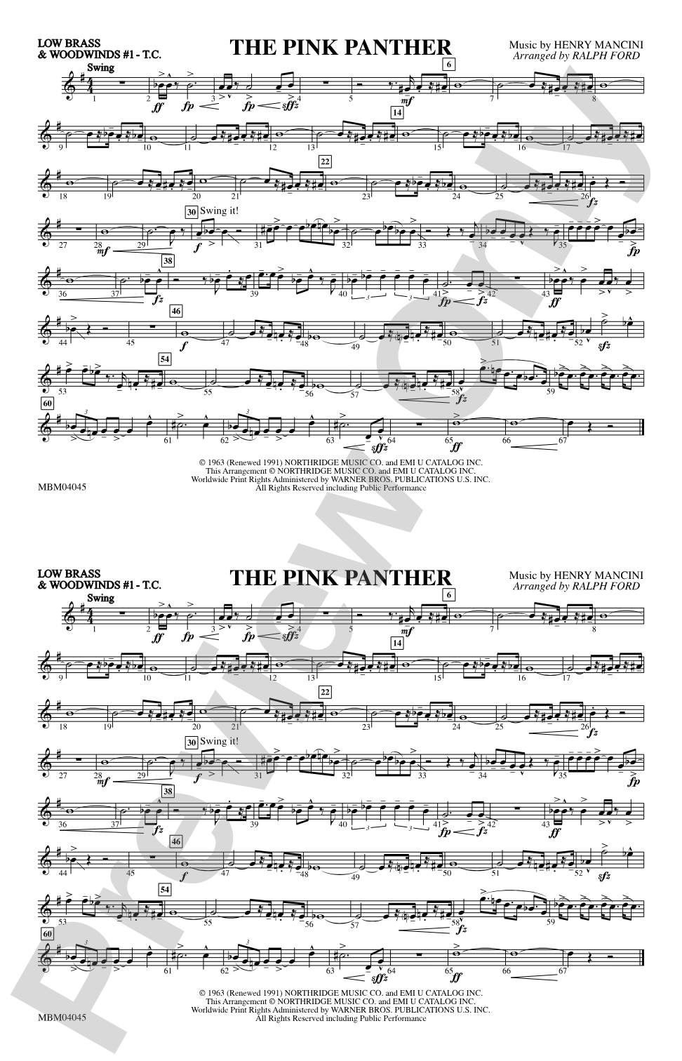 The Pink Panther: Low Brass & Woodwinds #1 - Treble Clef