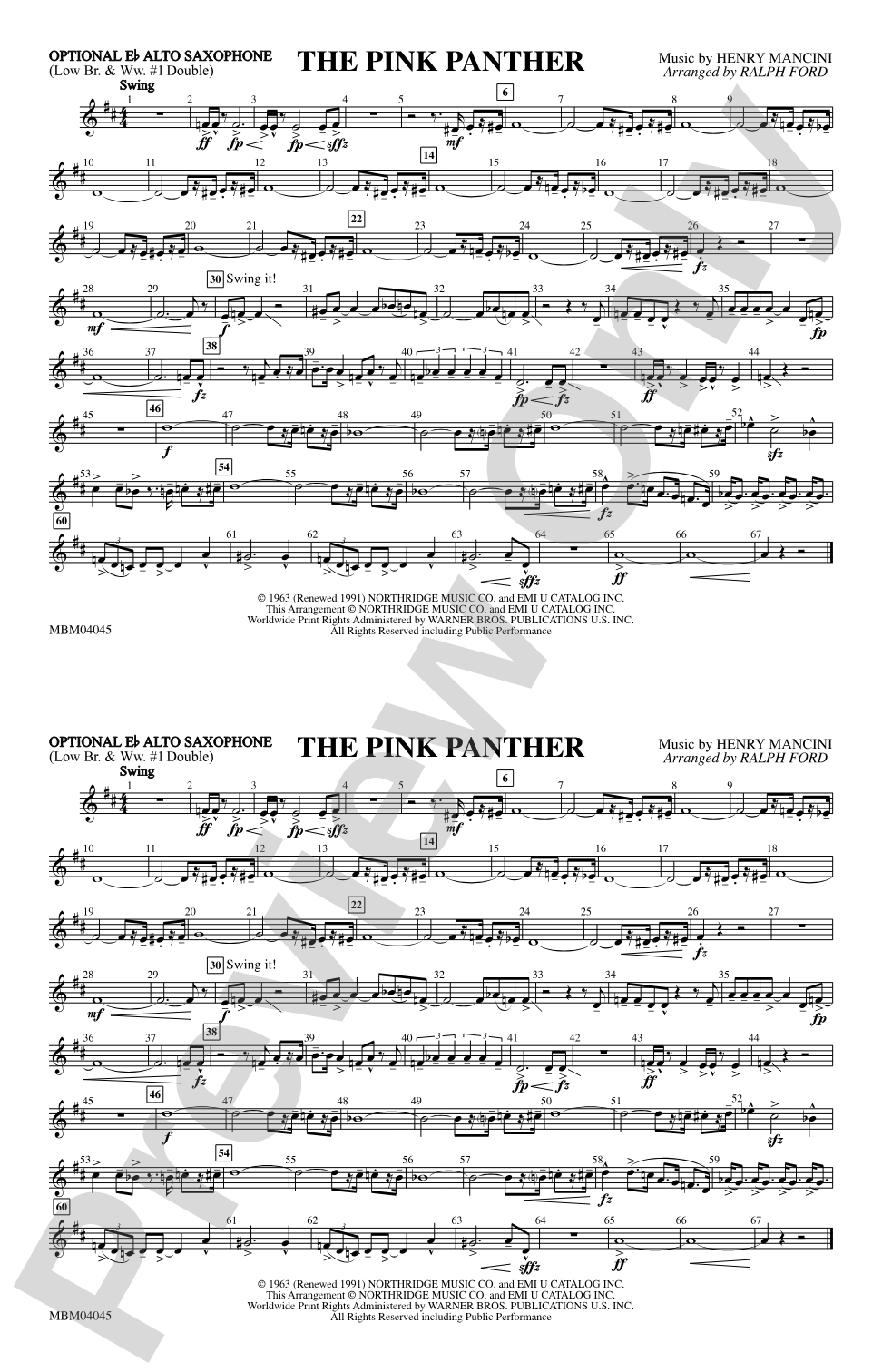 The Pink Panther: Optional Alto Sax