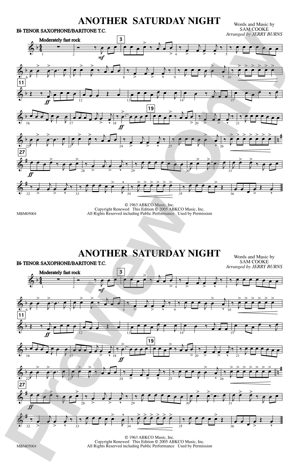 Another Saturday Night: Bb Tenor Saxophone/Bartione Treble Clef