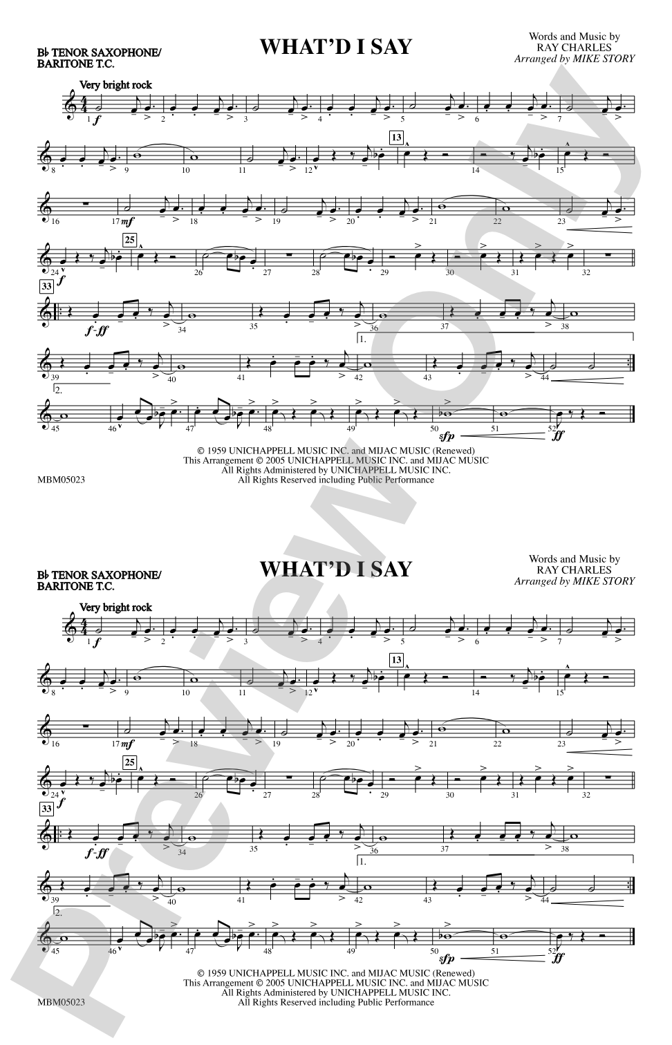 What'd I Say: Bb Tenor Saxophone/Bartione Treble Clef