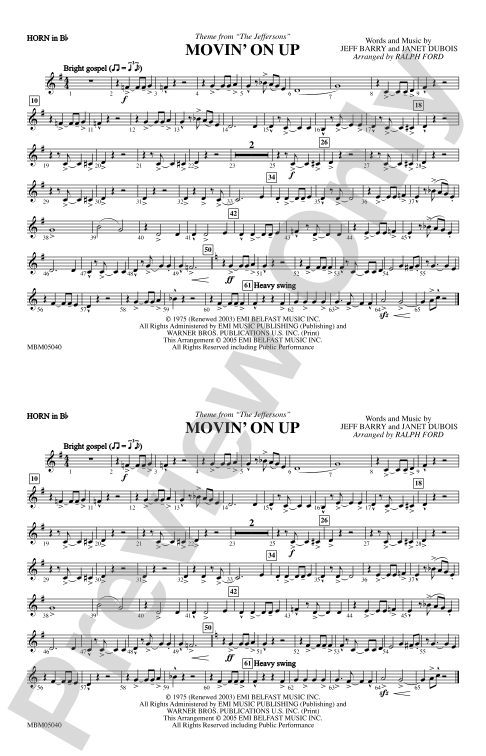 Movin' on Up (Theme from "The Jeffersons"): Horn in B flat