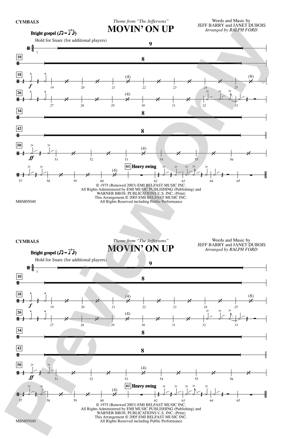 Movin' on Up (Theme from "The Jeffersons"): Cymbals