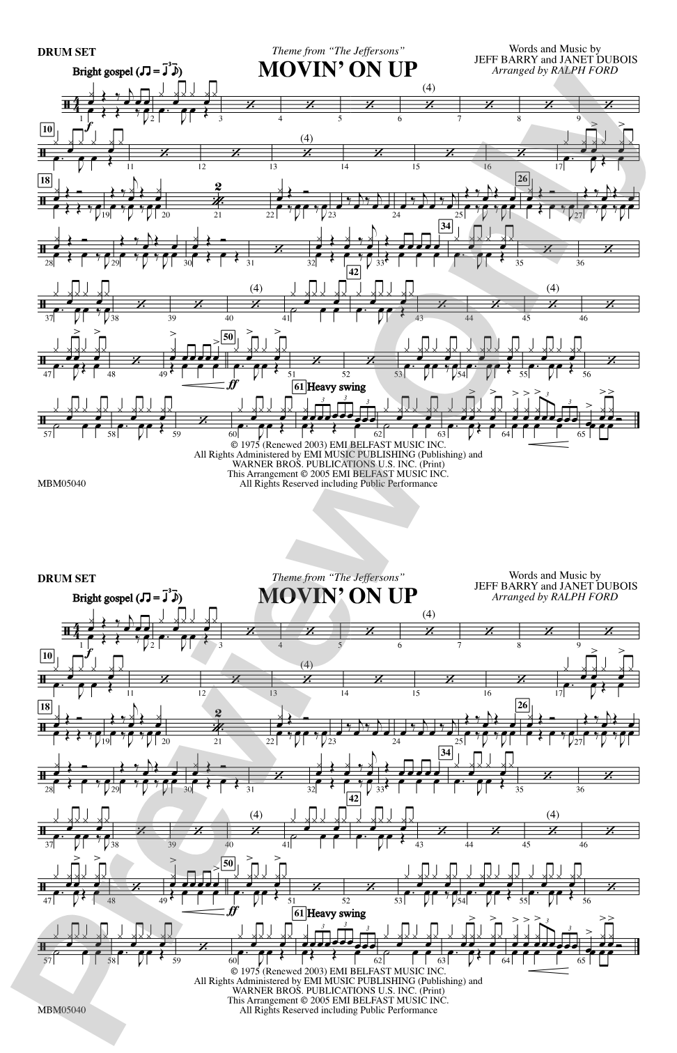 Movin' on Up (Theme from "The Jeffersons"): Drumset