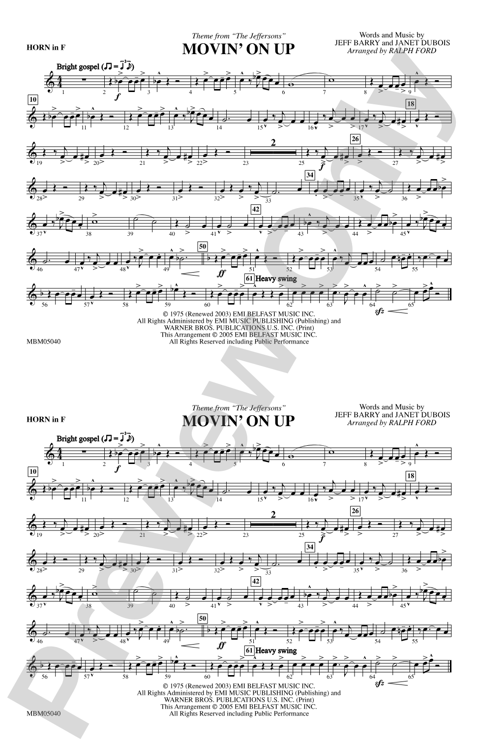 Movin' on Up (Theme from "The Jeffersons"): 1st F Horn