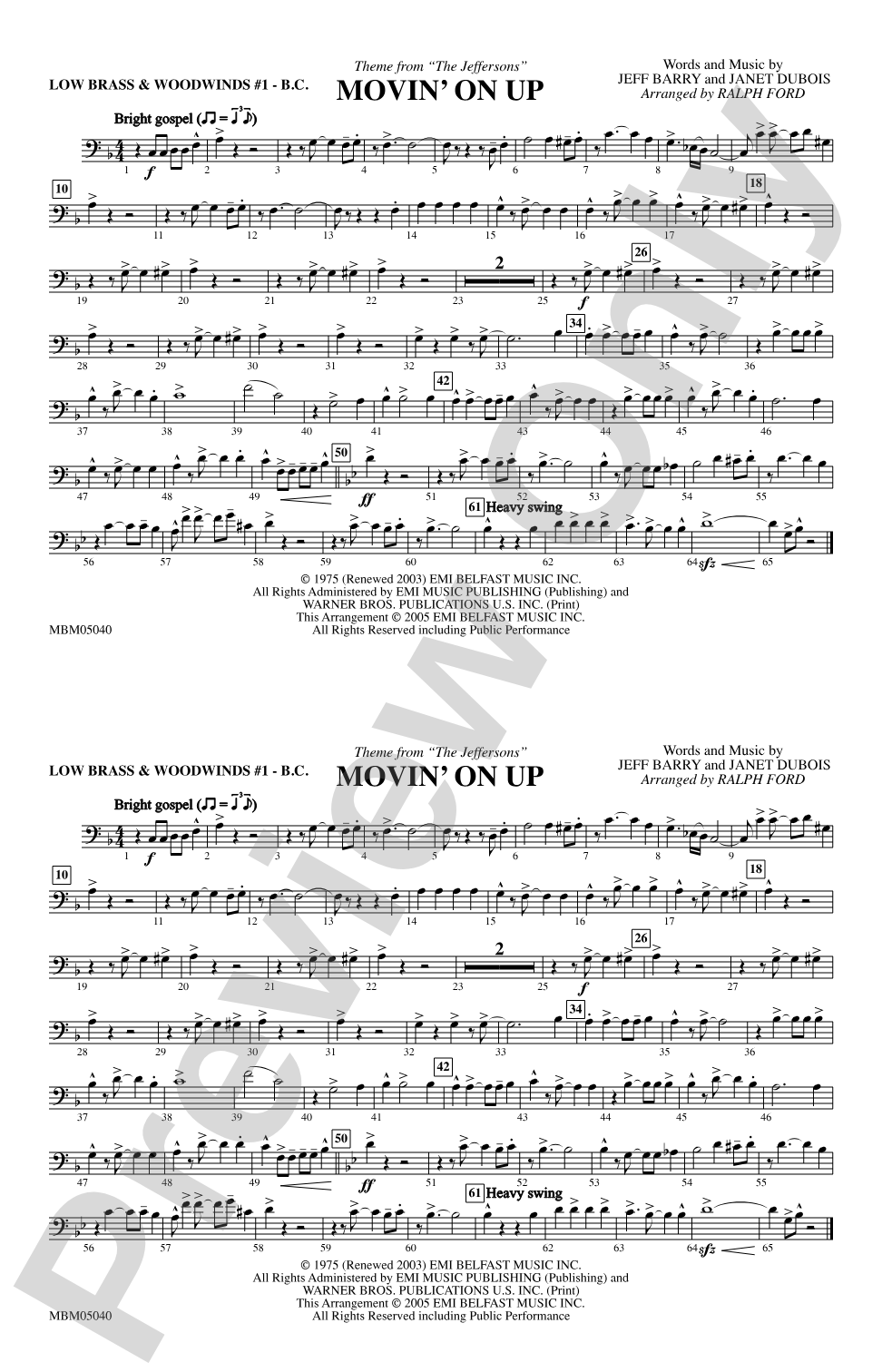 Movin' on Up (Theme from "The Jeffersons"): Low Brass & Woodwinds #1 - Bass Clef