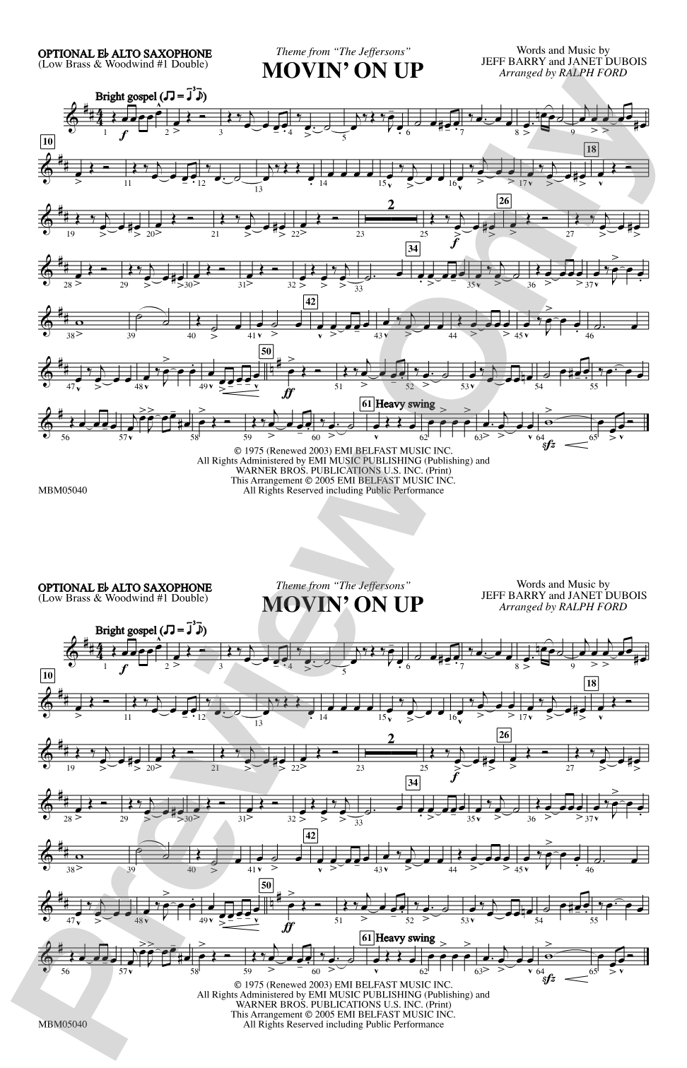 Movin' on Up (Theme from "The Jeffersons"): Optional Alto Sax