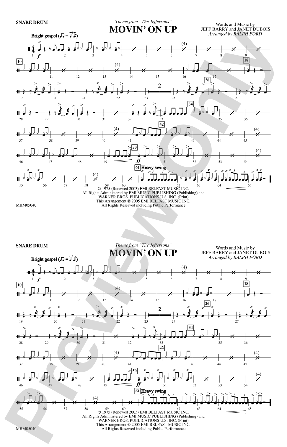 Movin' on Up (Theme from "The Jeffersons"): Snare Drum
