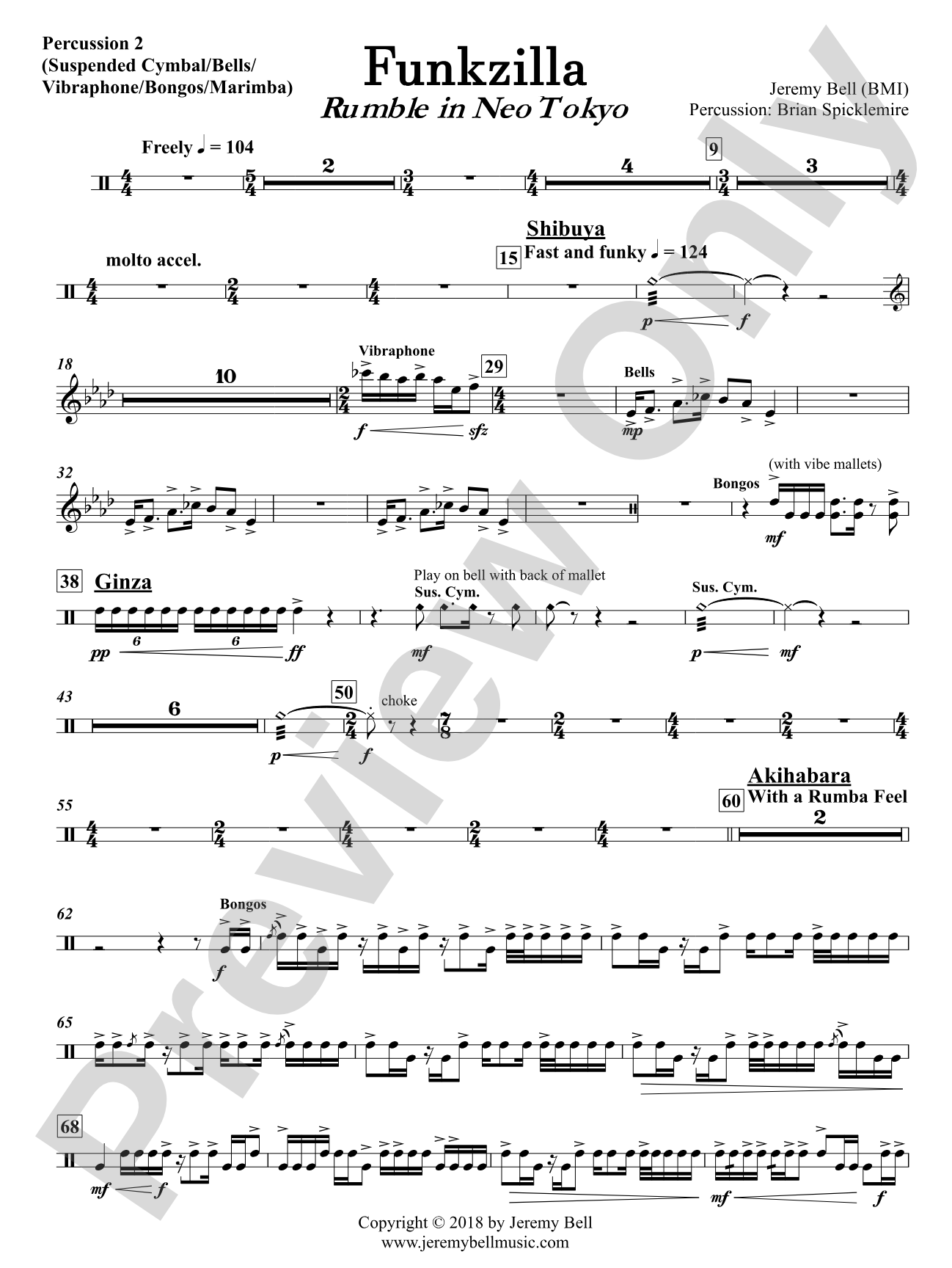 Funkzilla: Rumble in Neo Tokyo: Percussion 2, (Suspended Cymbal, Bells, Vibraphone, Bongos, Marimba)