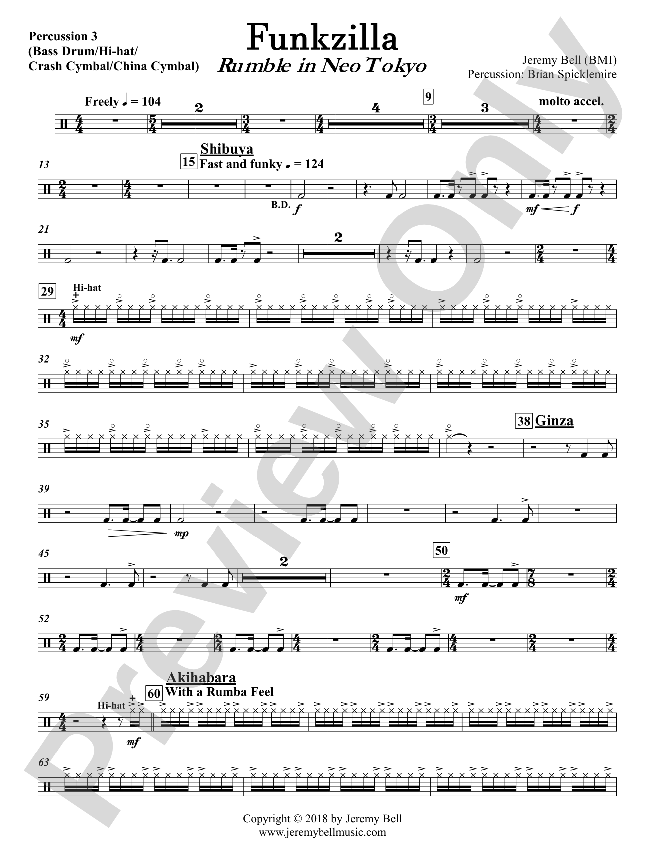 Funkzilla: Rumble in Neo Tokyo: Percussion 3, (Bass Drum, Hi-hat, Crash Cymbal, China Cymbal)