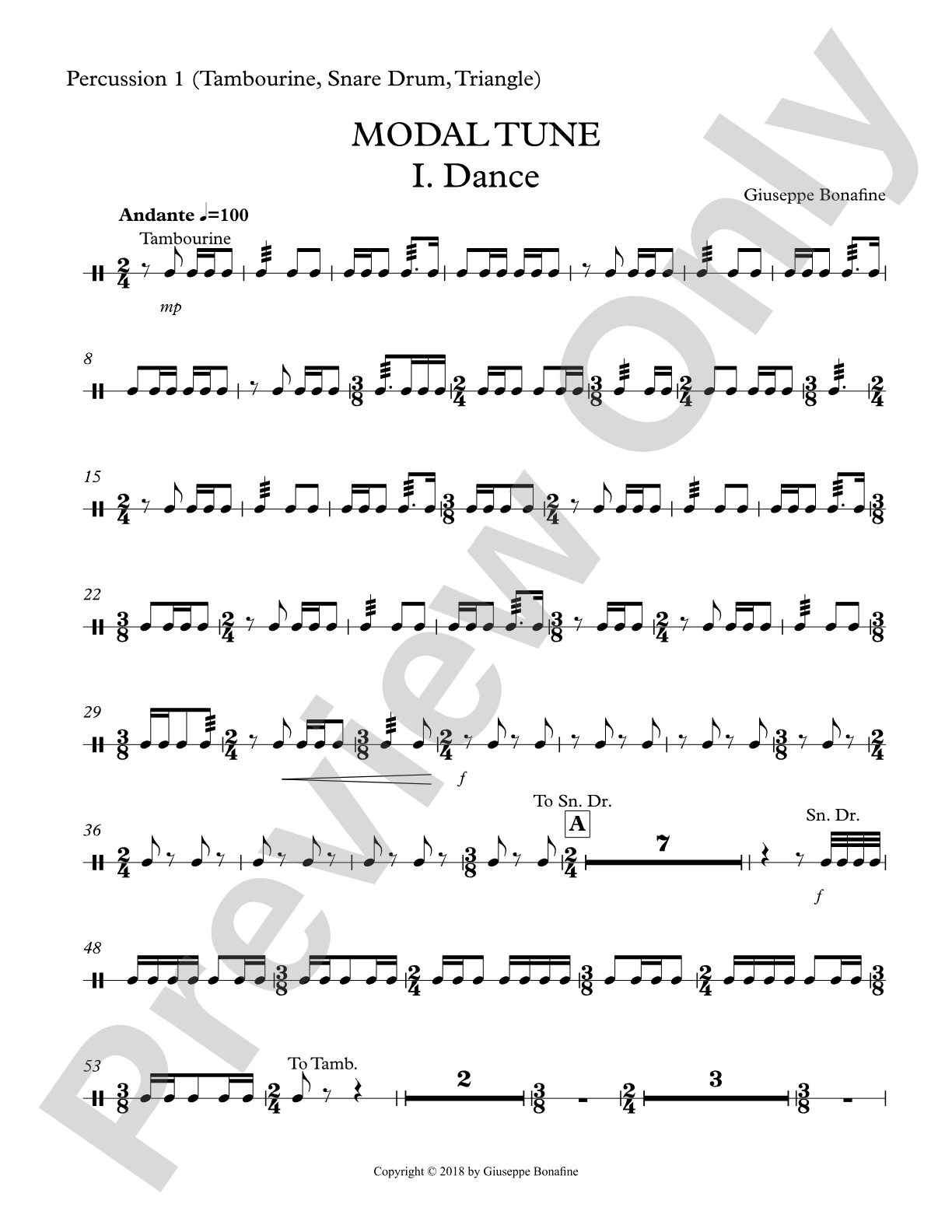 Modal Tune: Percussion 1, (Tambourine, Snare Drum, Triangle)