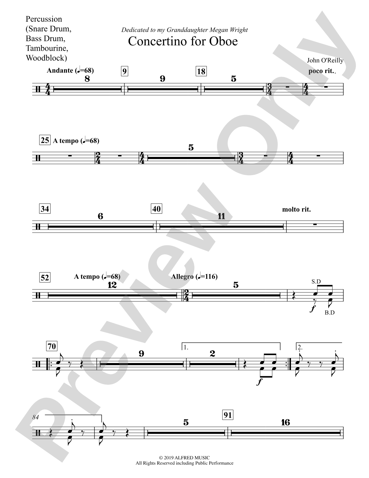 Concertino for Oboe: Percussion, (Snare Drum, Bass Drum, Tambourine, Woodblock)