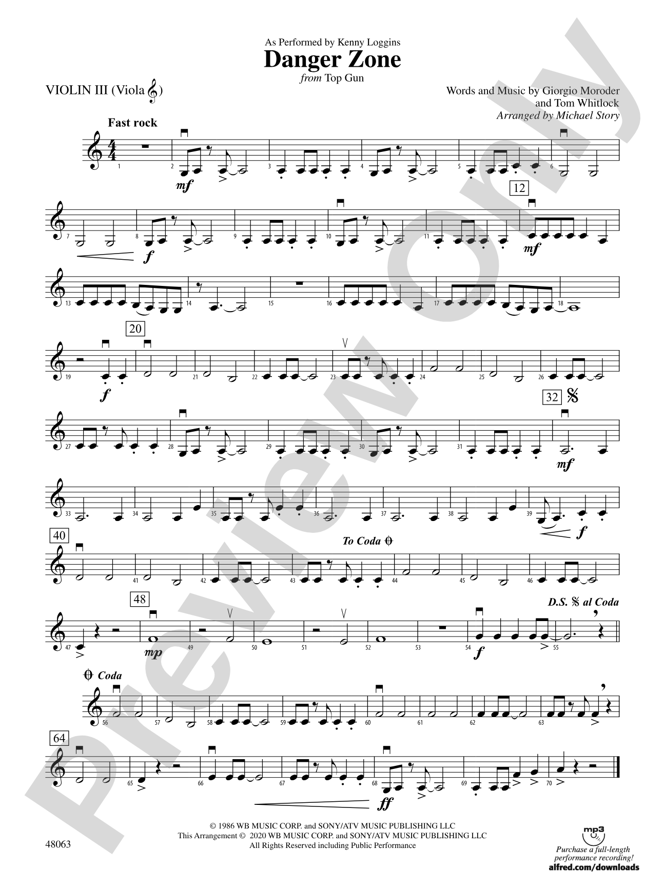 Danger Zone from <i>Top Gun</i>: 3rd Violin (Viola [TC])