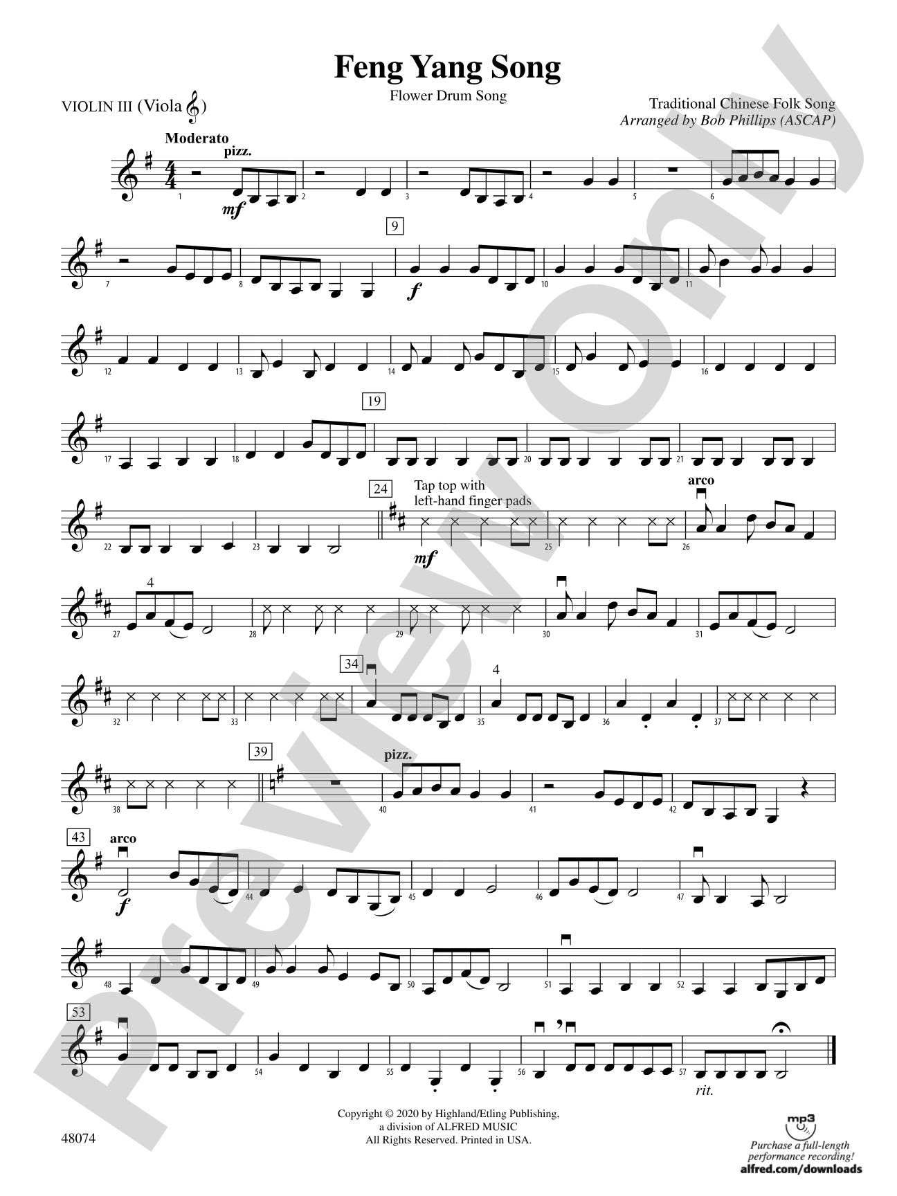 Feng Yang Song: 3rd Violin (Viola [TC])