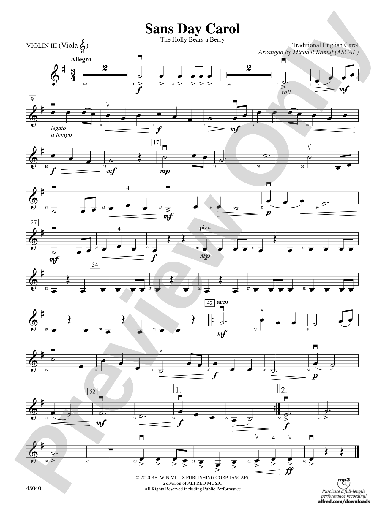 Sans Day Carol: 3rd Violin (Viola [TC])