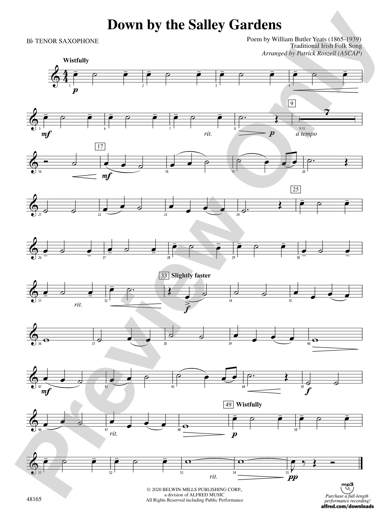 Down by the Salley Gardens: B-flat Tenor Saxophone