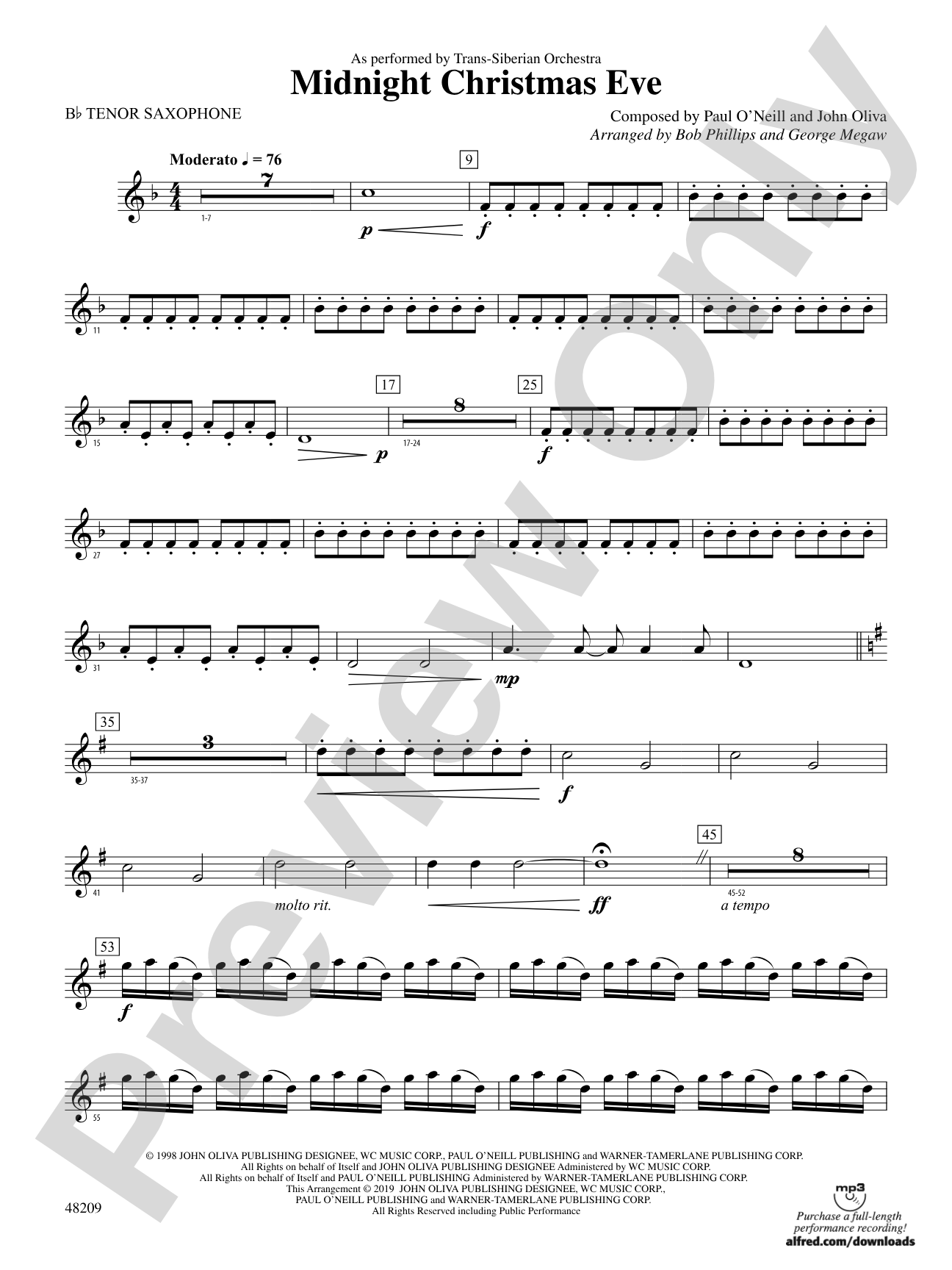 Midnight Christmas Eve: B-flat Tenor Saxophone