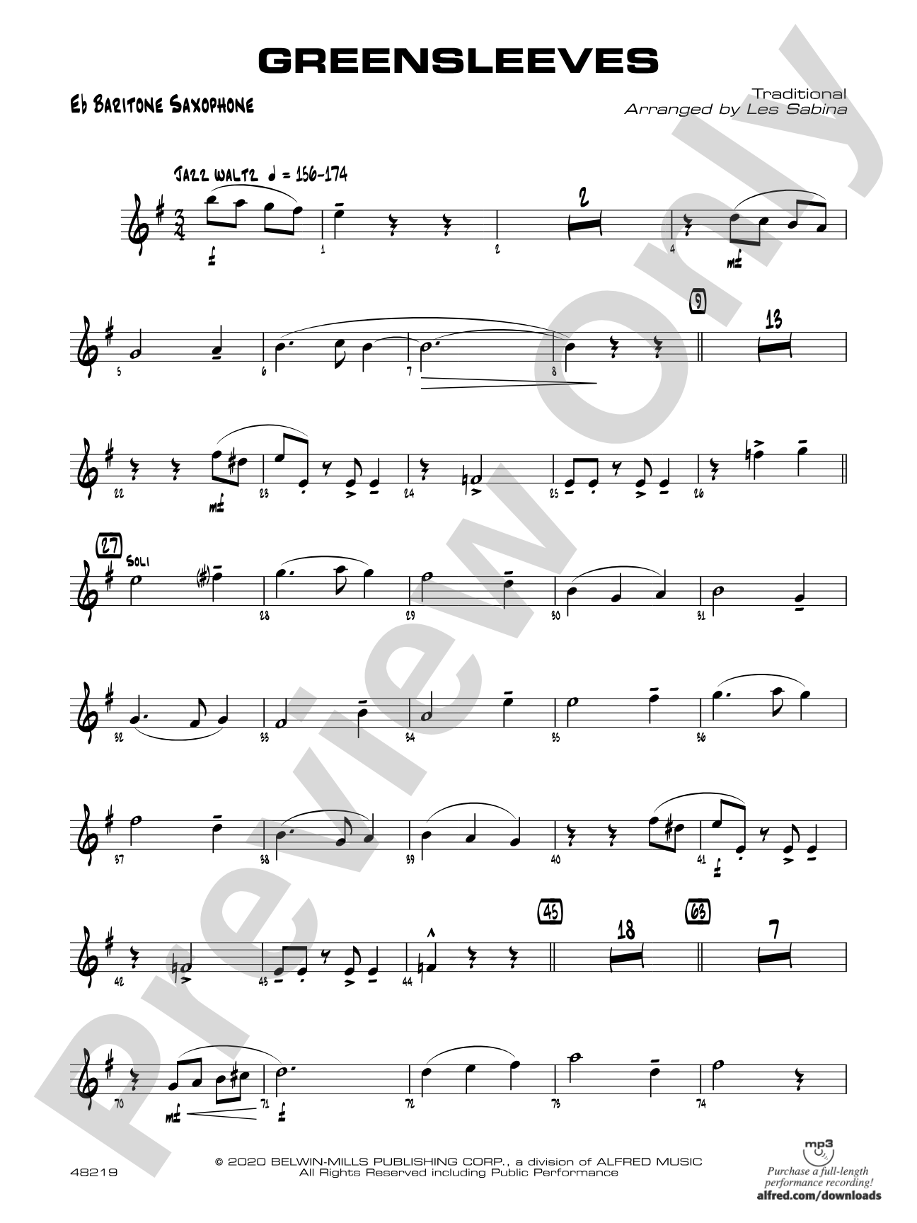 Greensleeves: E-flat Baritone Saxophone