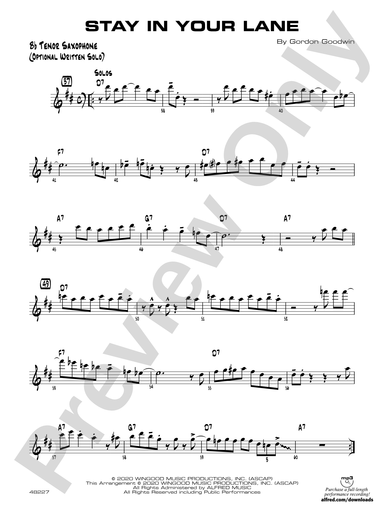 Stay in Your Lane: Bb Tenor Sax Optional Solo