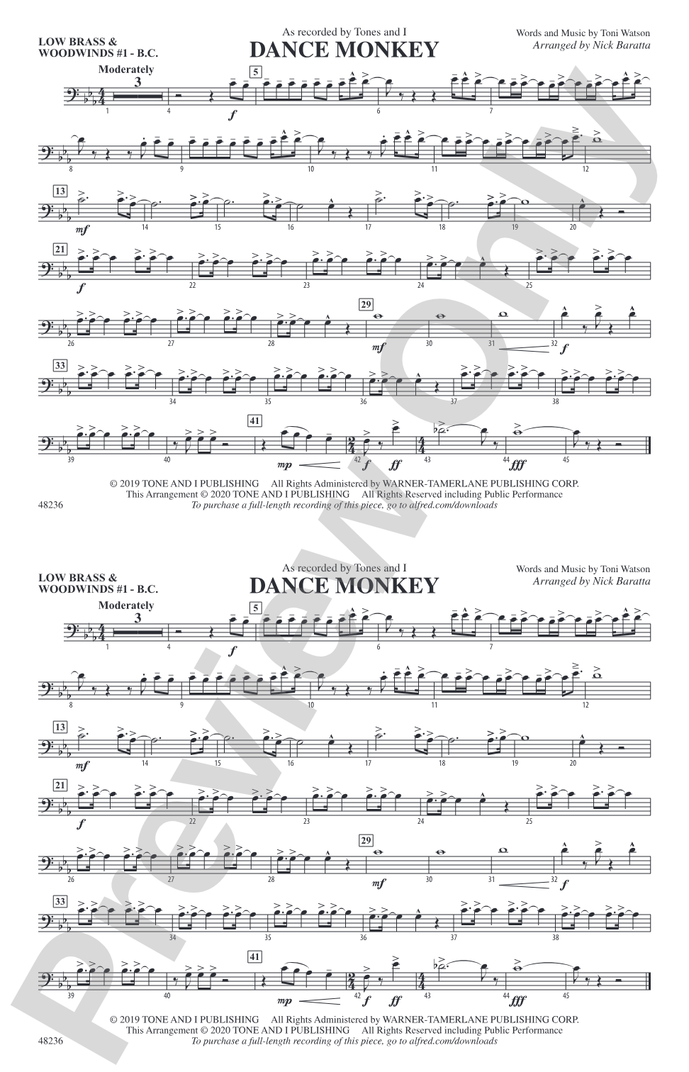 Dance Monkey: Low Brass & Woodwinds #1 - Bass Clef