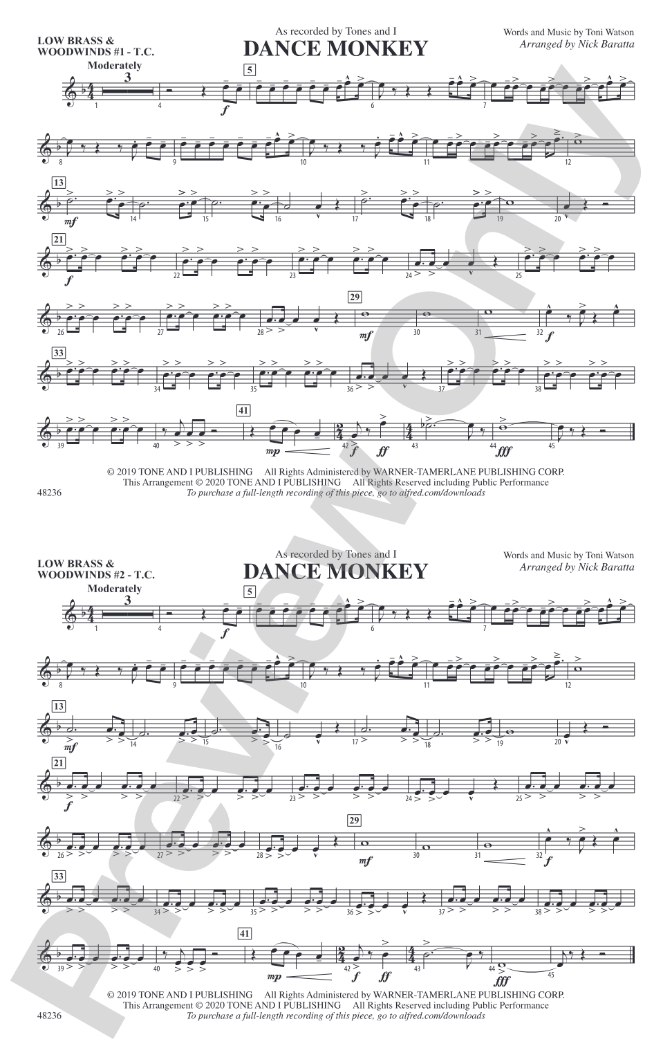 Dance Monkey: Low Brass & Woodwinds #1 - Treble Clef