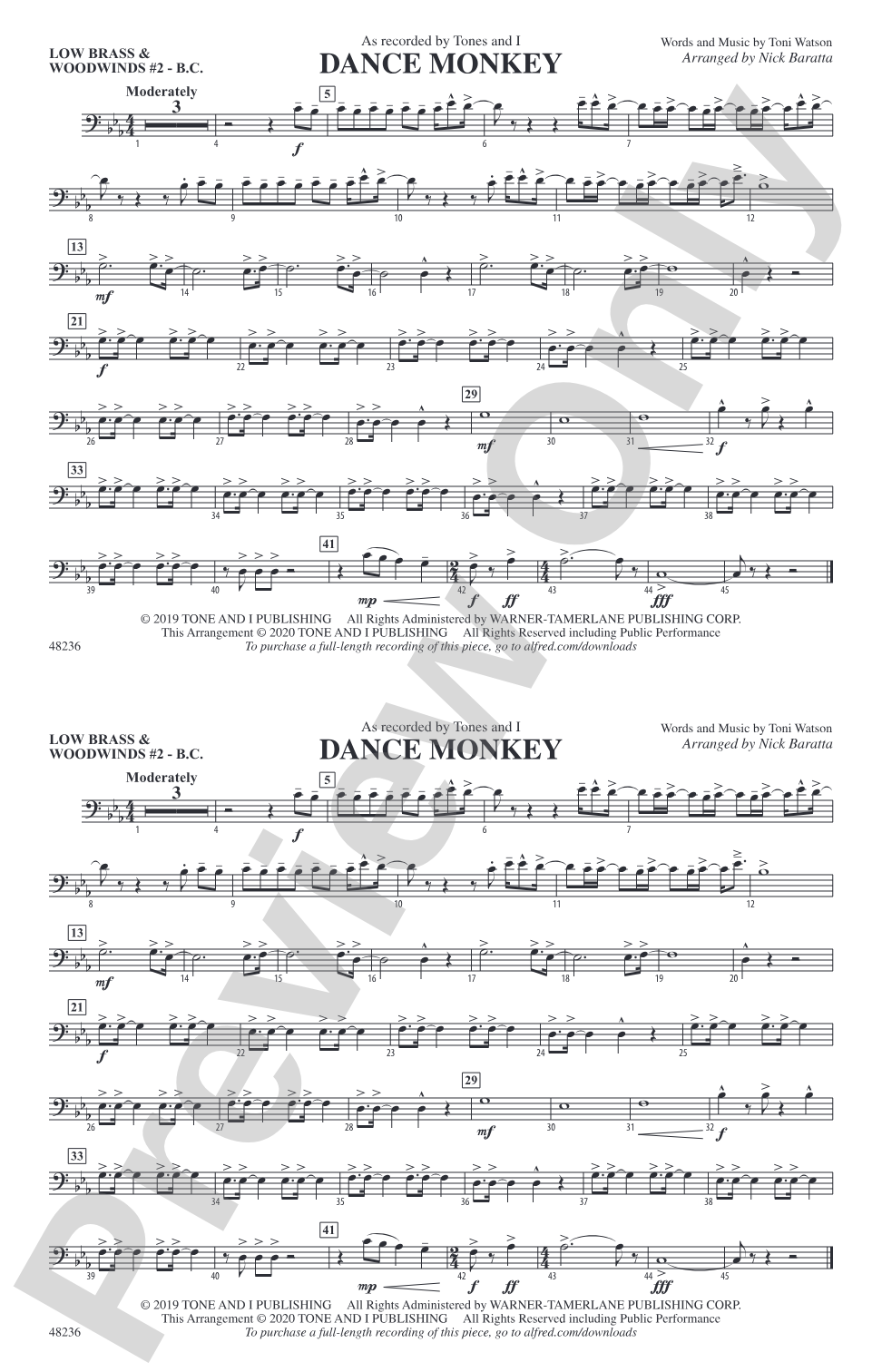 Dance Monkey: Low Brass & Woodwinds #2 - Bass Clef