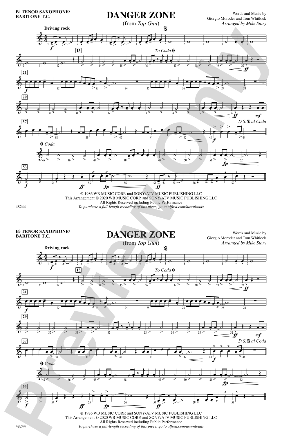 Danger Zone: Bb Tenor Saxophone/Bartione Treble Clef