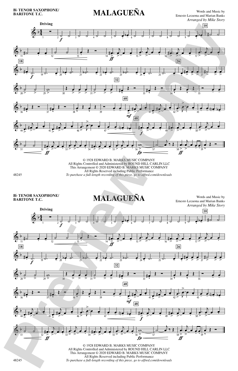 Malagueña: Bb Tenor Saxophone/Bartione Treble Clef