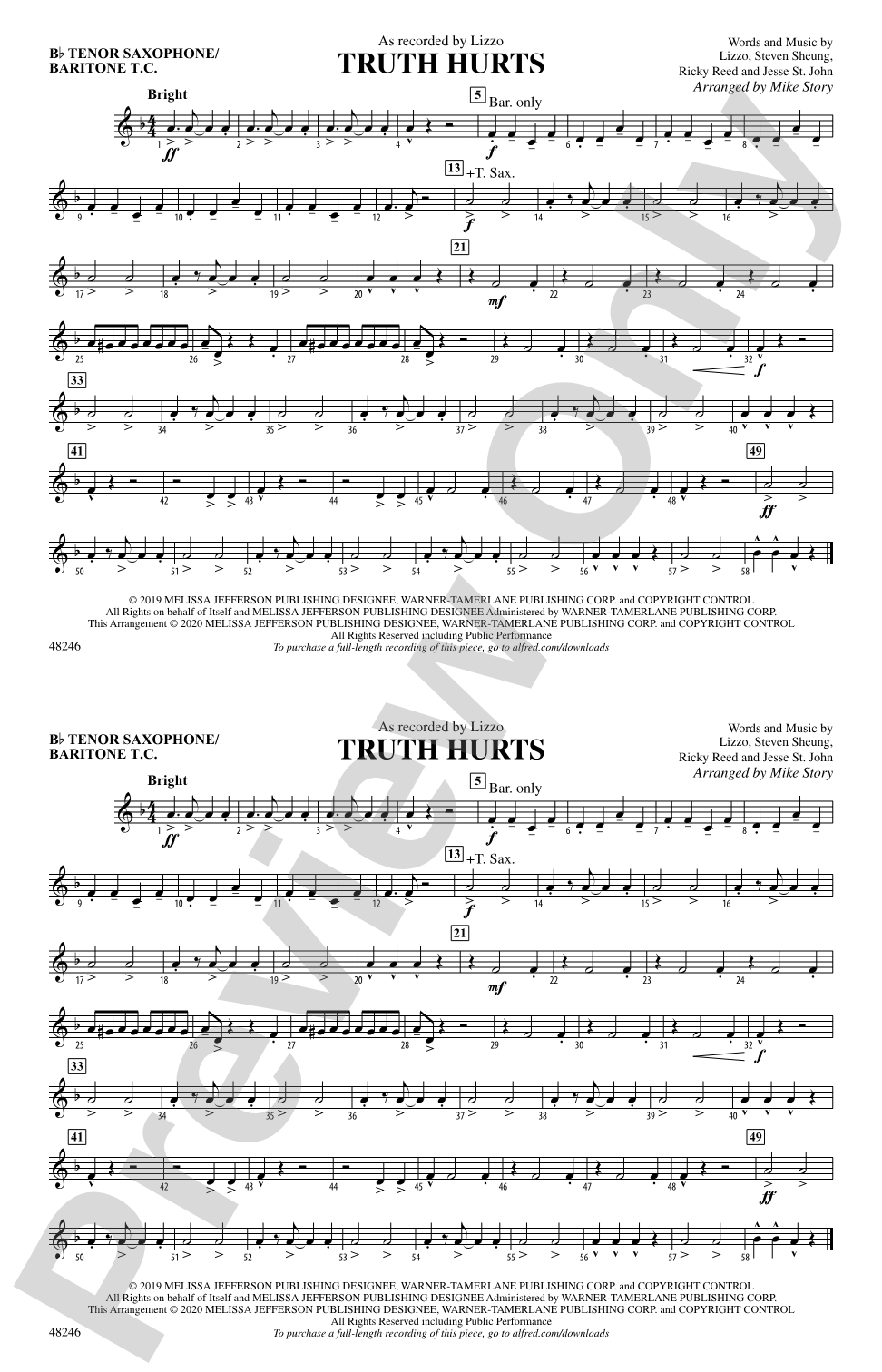 Truth Hurts: Bb Tenor Saxophone/Bartione Treble Clef