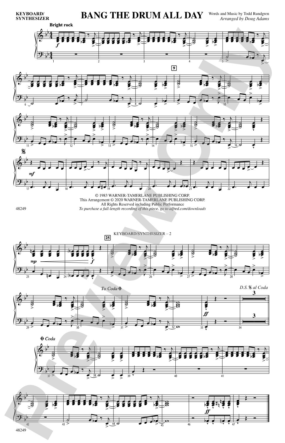 Bang the Drum All Day: Piano Accompaniment