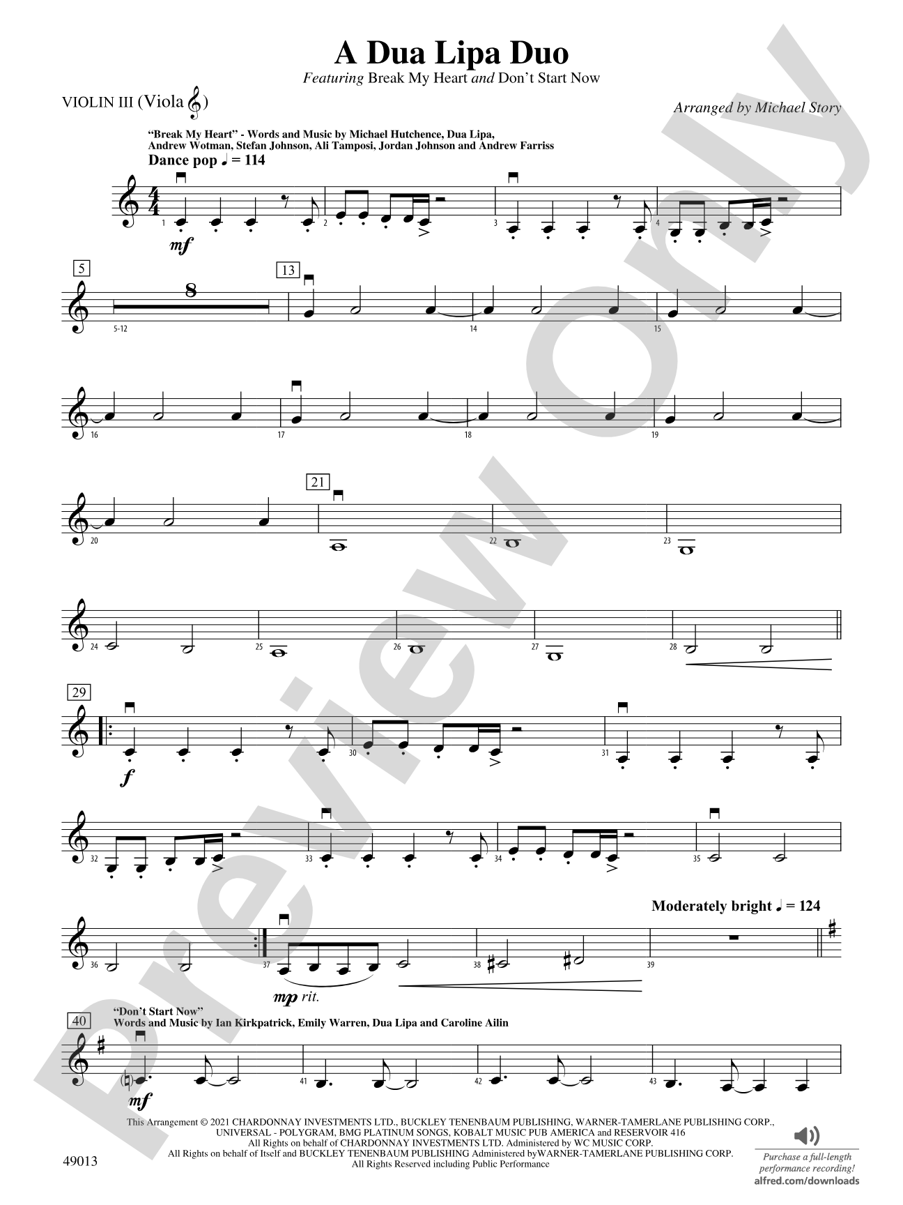 A Dua Lipa Duo: 3rd Violin (Viola [TC])