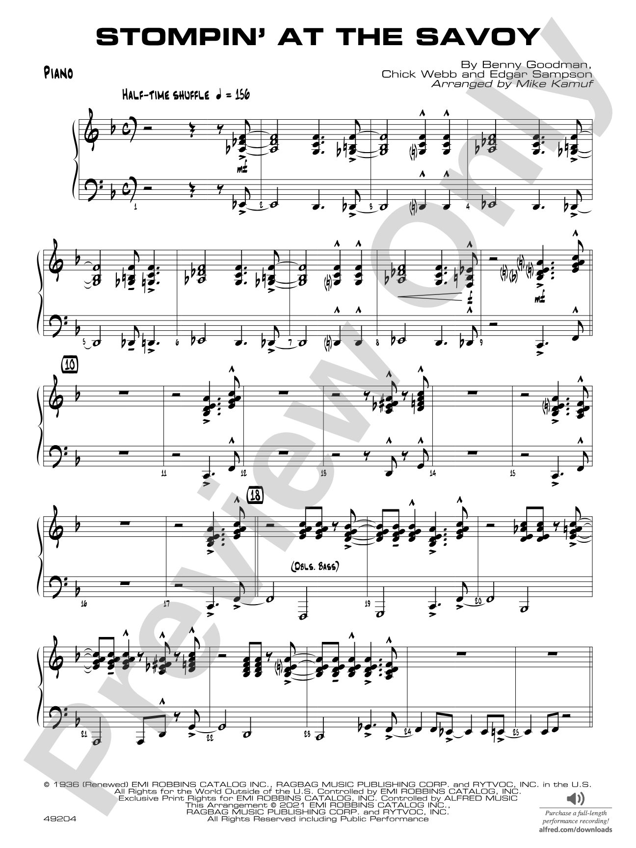 Stompin' at the Savoy: Piano Accompaniment